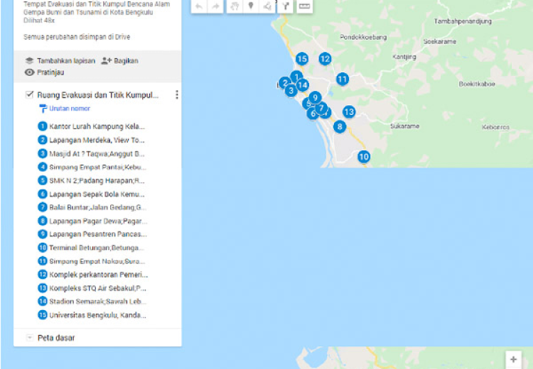 Memetakan Titik Kumpul Bencana Gempa di Kota Bengkulu Melalui Google My Maps